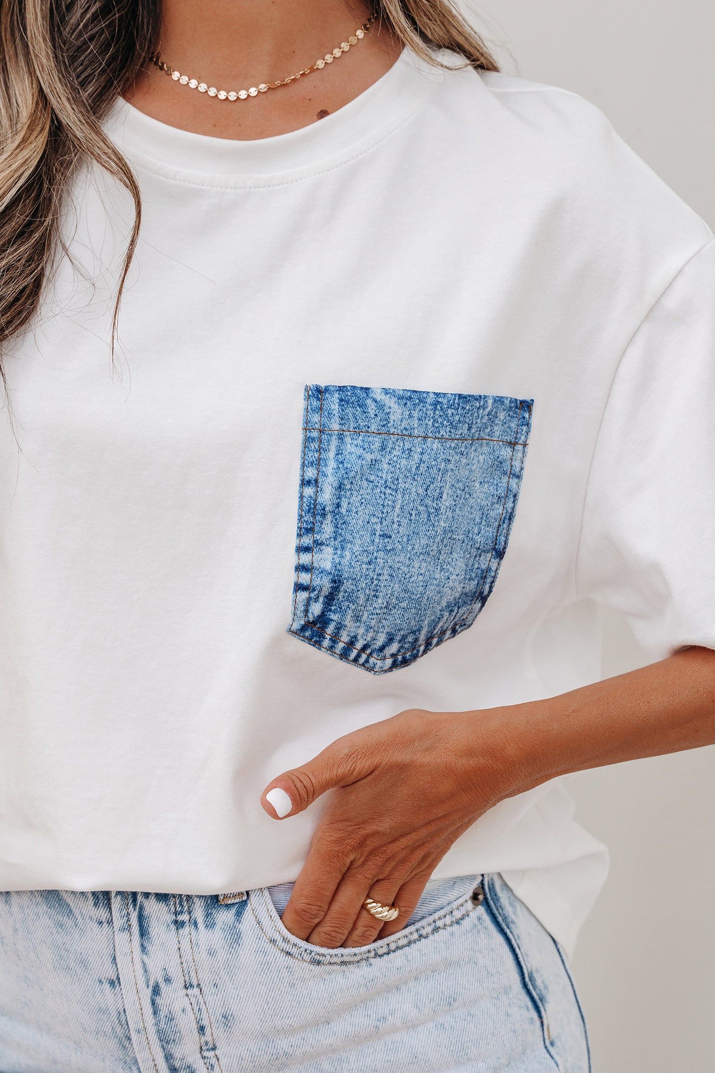 Pocket Tee Women Contrast Denim Pocket Casual T Shirt