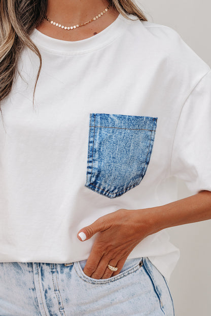 Pocket Tee Women Contrast Denim Pocket Casual T Shirt