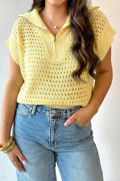 Open Knit Quarter Zip Short Sleeve Sweater Top