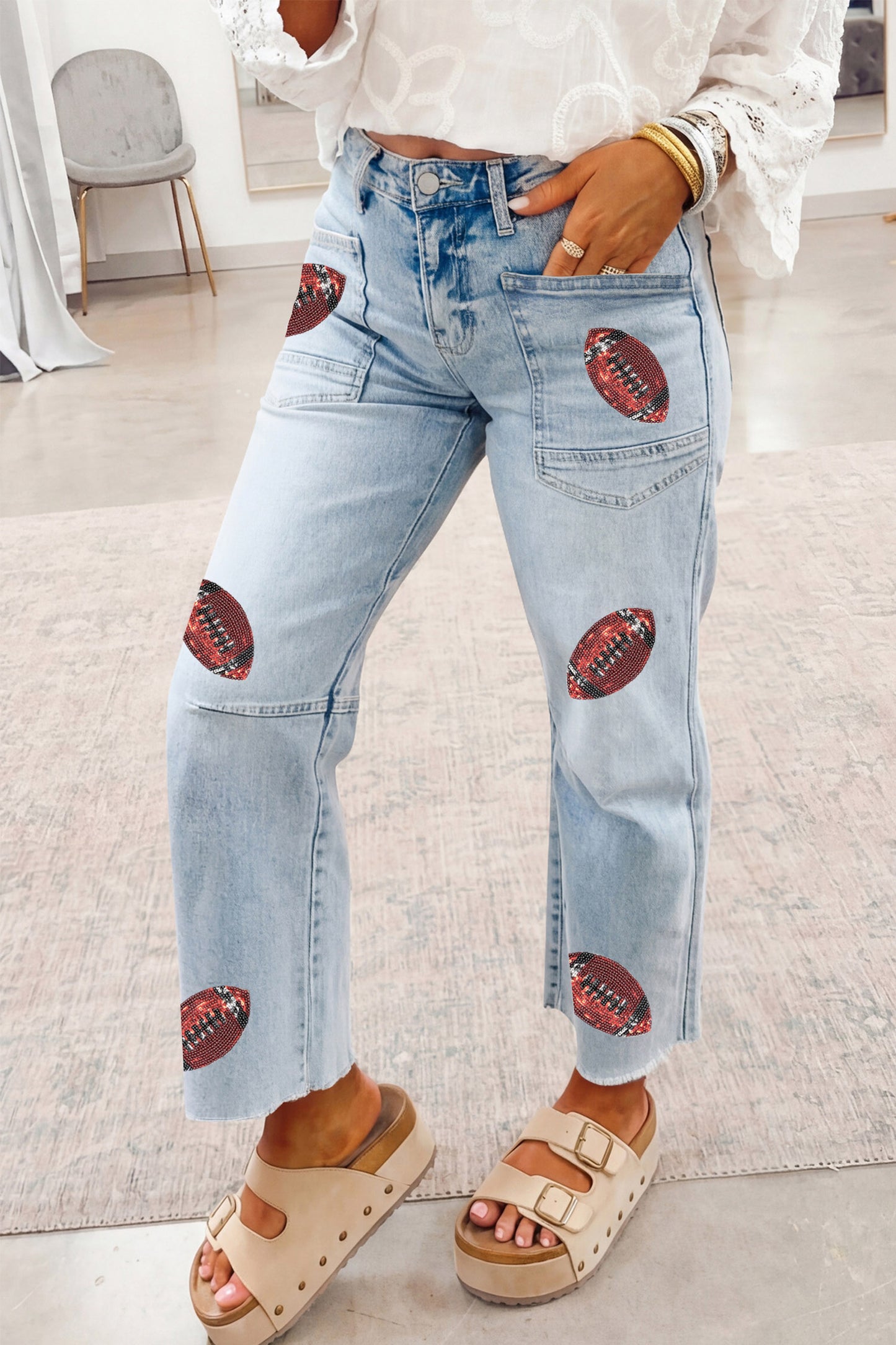 Back to School Gameday Sequin Football Raw Hem Jeans