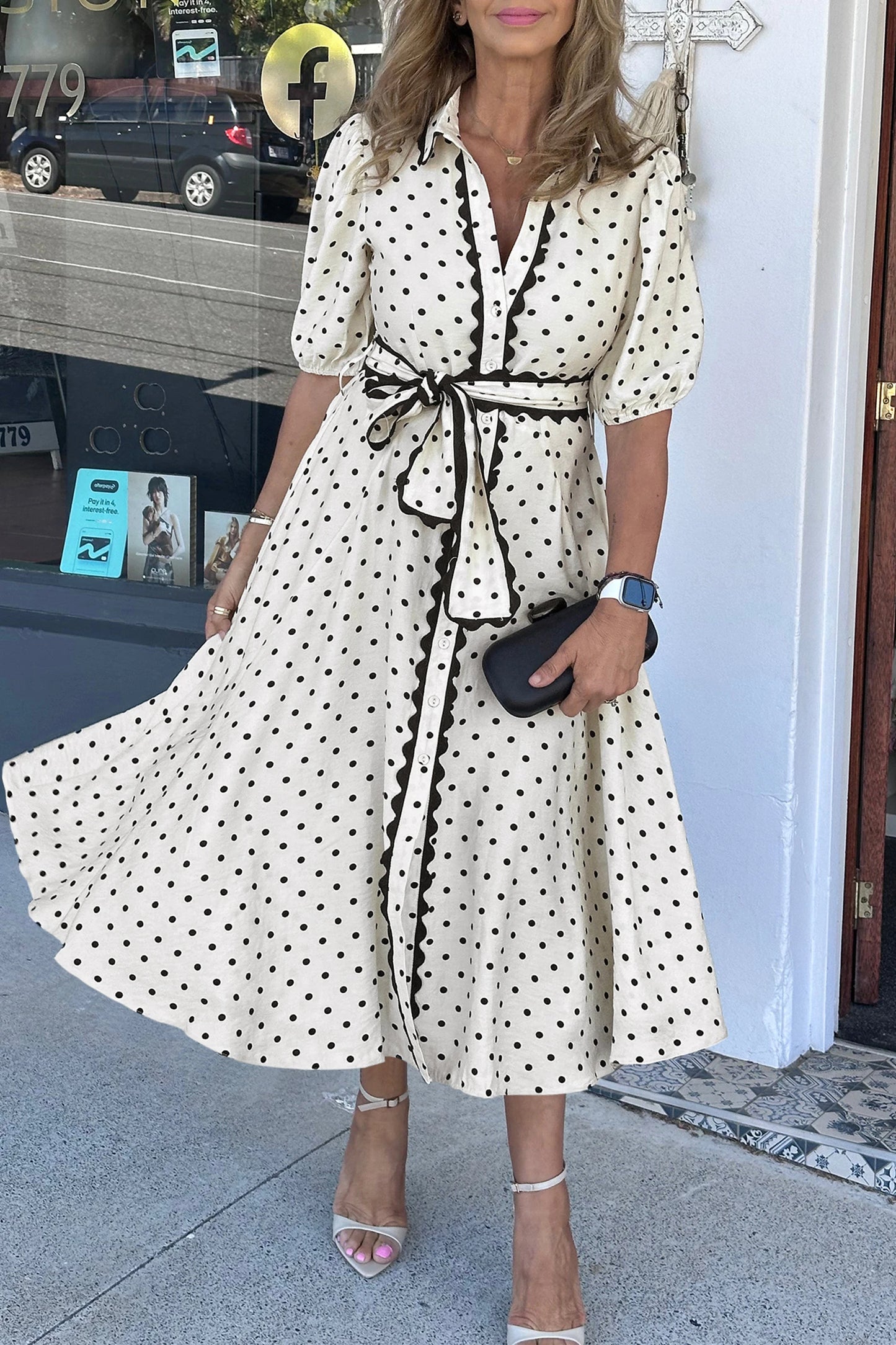 Polka Dot Midi Dress Button Down Belted Shirt Dress