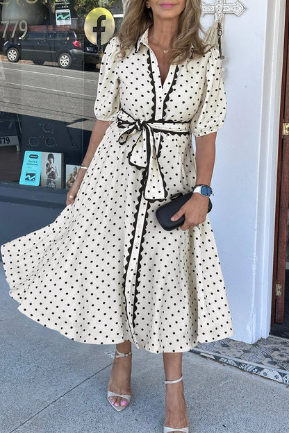 Polka Dot Midi Dress Button Down Belted Shirt Dress