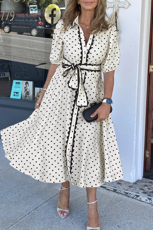 Polka Dot Midi Dress Button Down Belted Shirt Dress