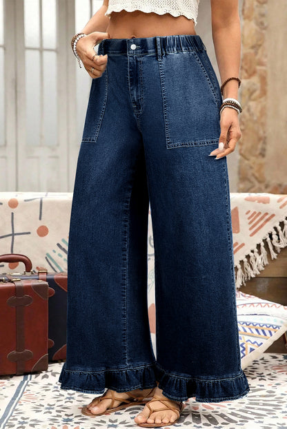 Sail Blue Plus Size Elastic Waist Ruffle Hem Jeans