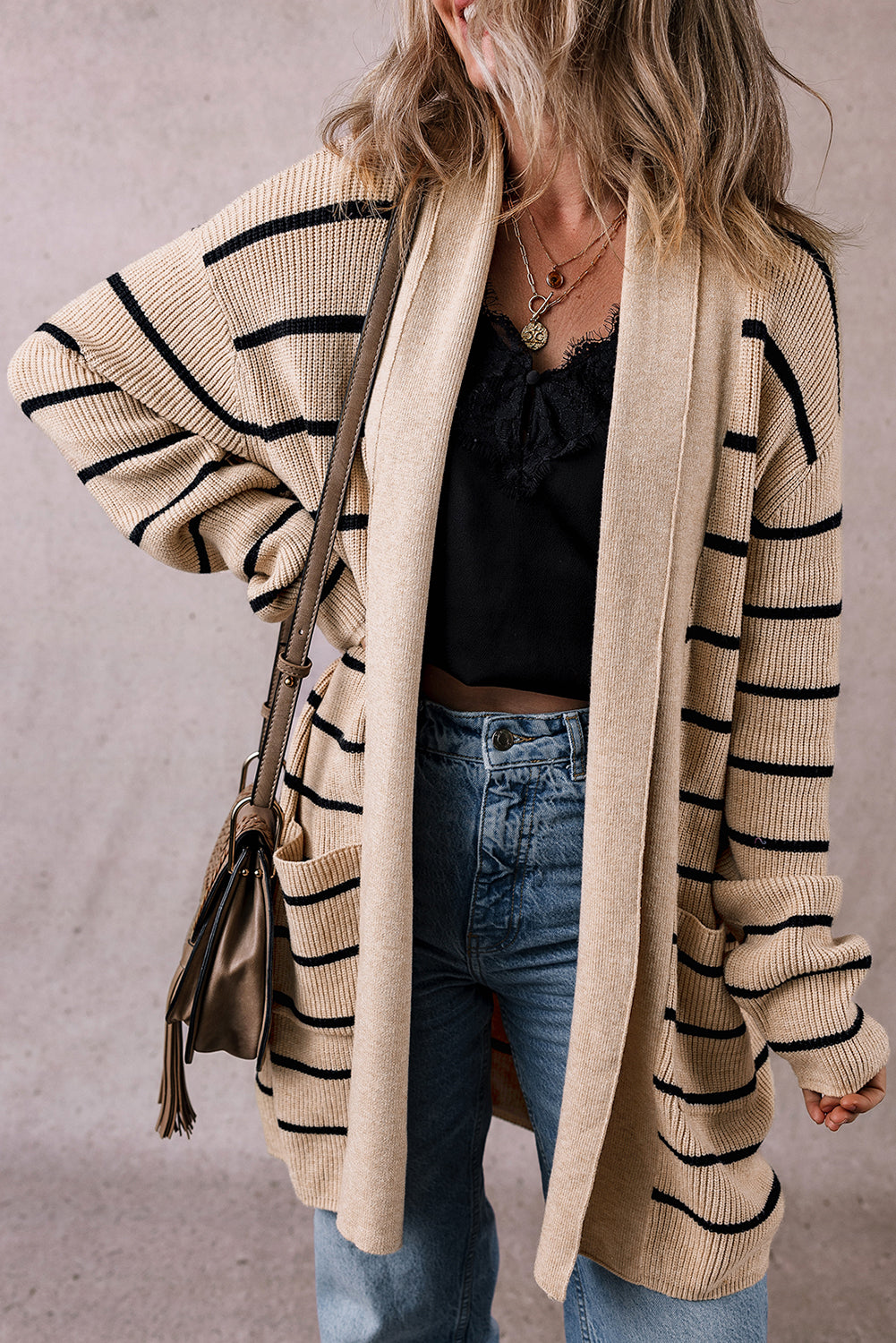 Black Stripe Open Front Shawl Cardigan with Pockets