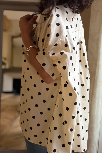 Beige Polka Dot Button Up Dolman Sleeve Loose Blouse