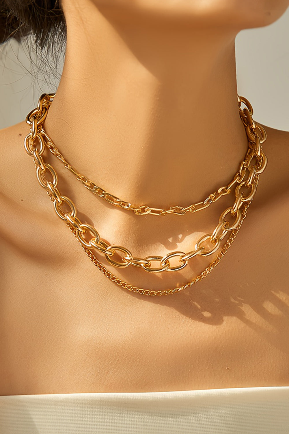 Gold Plated Chunky Chain 3 Piece Layered Necklace Set