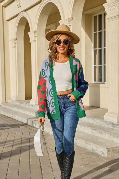 Colorful Floral Knit Cardigan – Open Front Fall Sweater