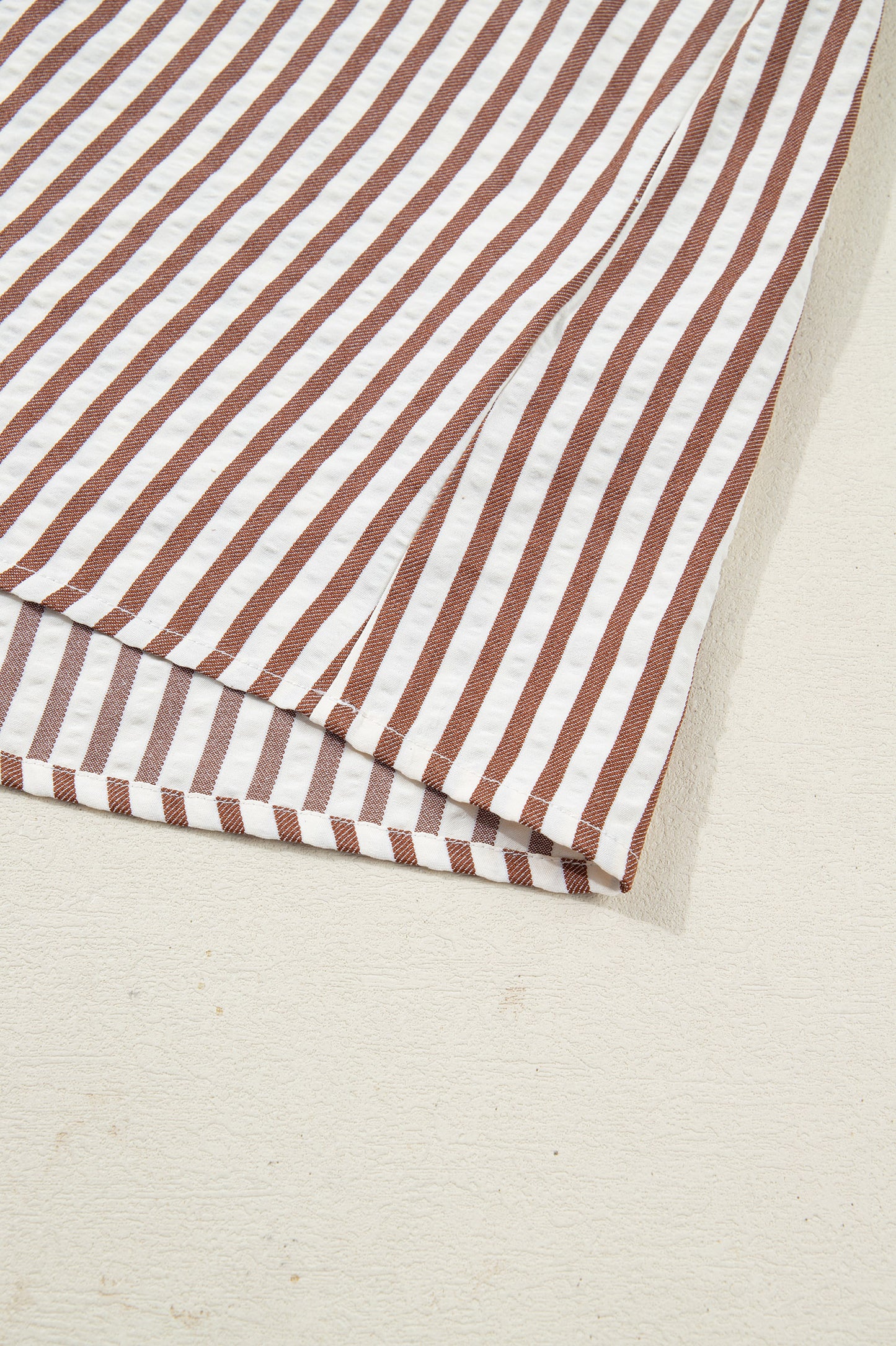 Khaki Striped Split Neck Puff Sleeve Blouse Top