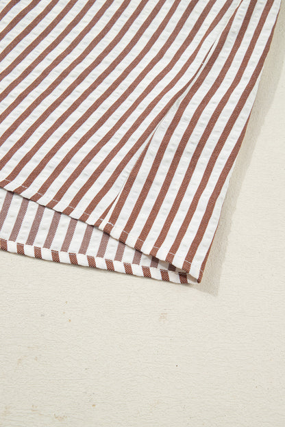 Khaki Striped Split Neck Puff Sleeve Blouse Top