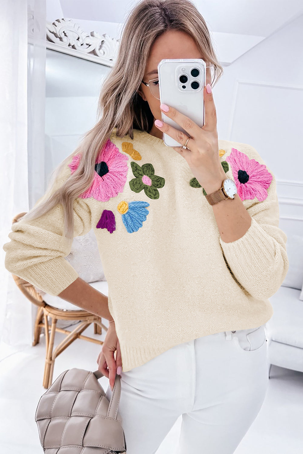 Pink Knitted Flower Pattern Ribbed Edge Sweater