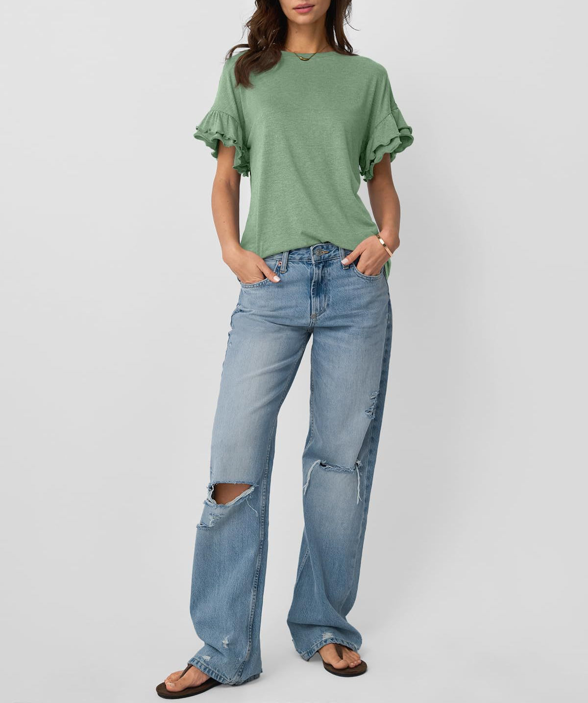 Women’s Ruffle Sleeve Crew Neck Tee Casual Summer Top