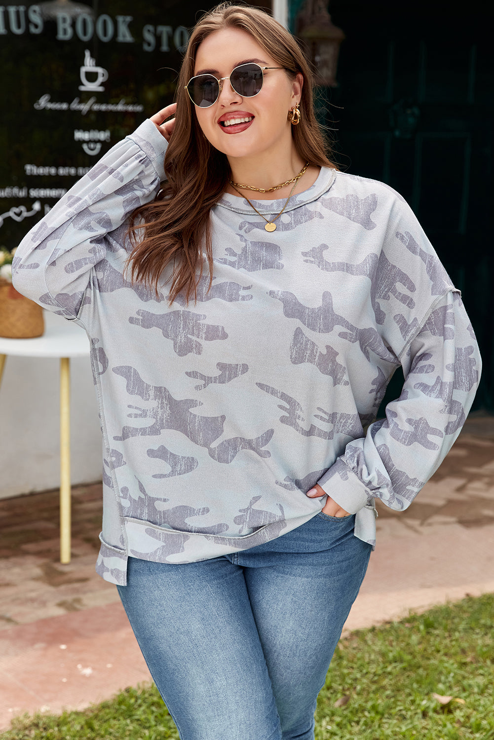 Plus Size Camo Print Round Neck Oversized Sweatshirt