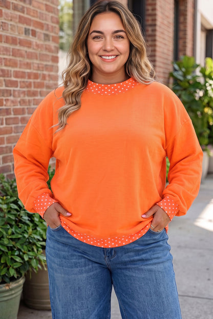 Polka Dot Trim Plus Size Crew Neck Tunic Sweatshirt