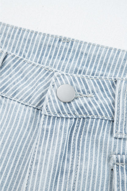Sky Blue Pinstripe Wide Leg Jeans with Button Flap Pockets