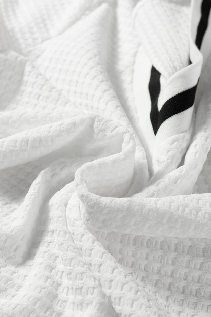 White Waffle Knit V Neck Long Sleeve Top with Striped Trim