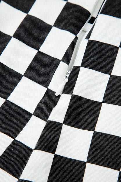 Checkered Print Overlap Denim Skort Mini Shorts
