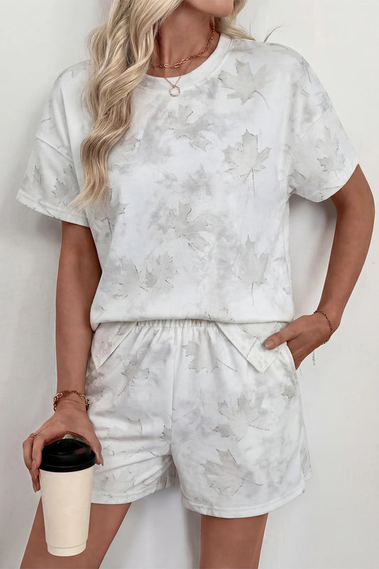 Leaf Print Two Piece Set Women Casual Tee Shorts