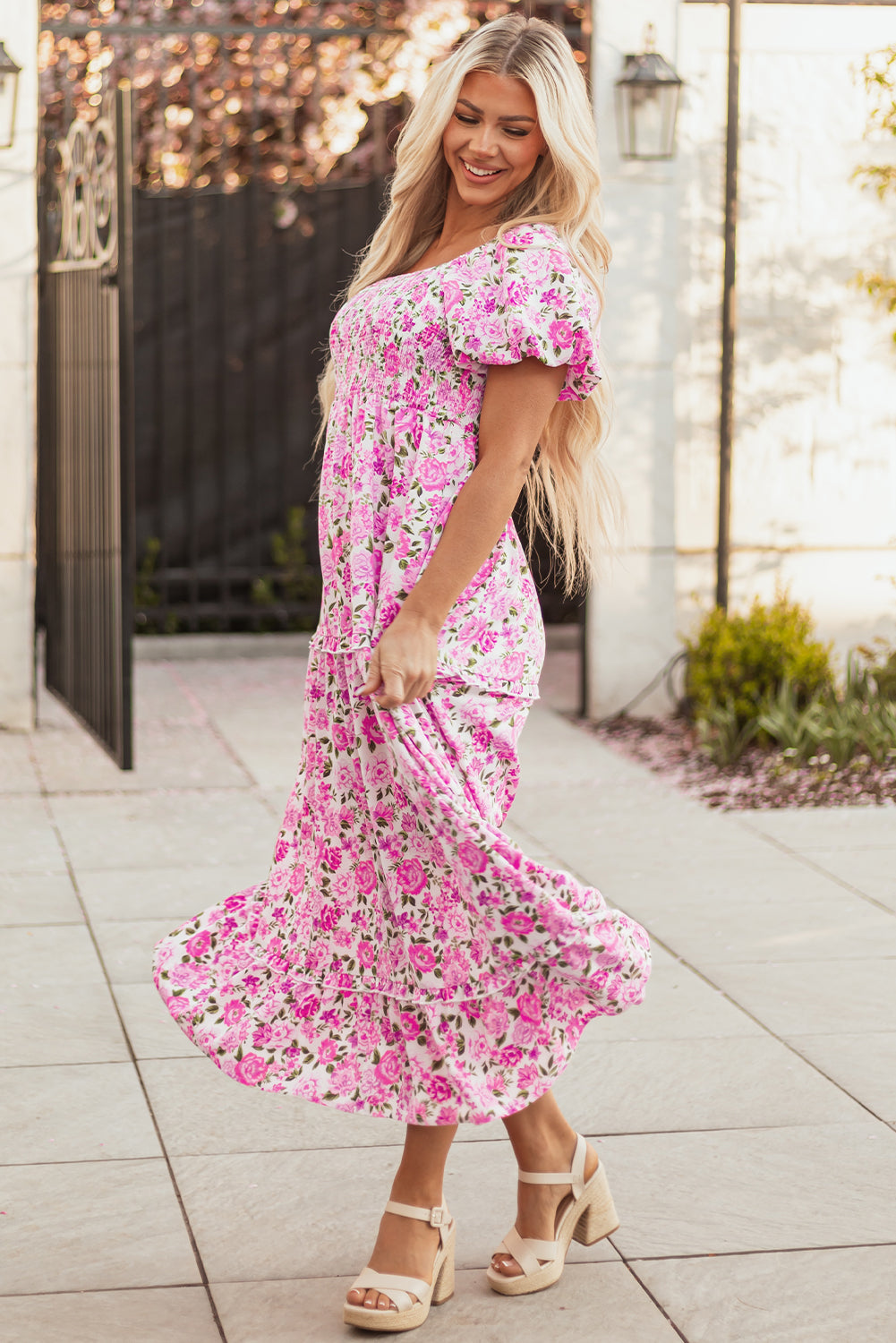 Easter Pink Floral Square Neck Puff Sleeve Maxi Dress