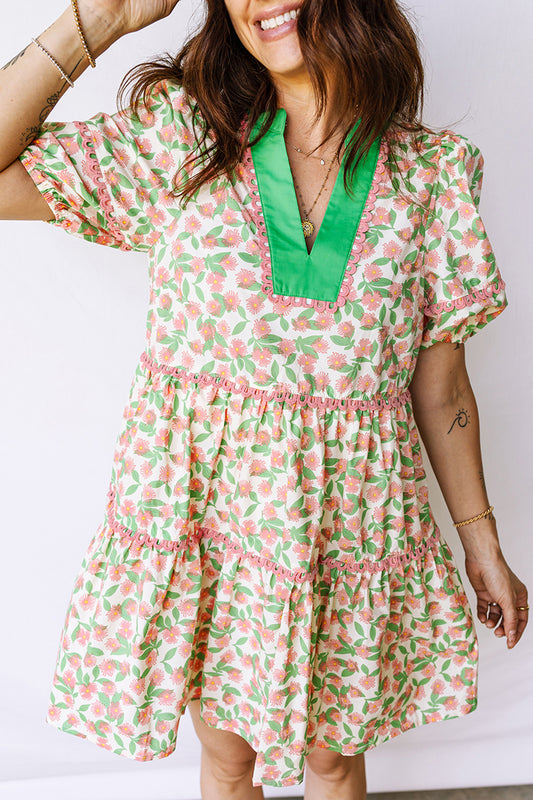 Easter Floral Ricrac Trim Puff Sleeve Dress
