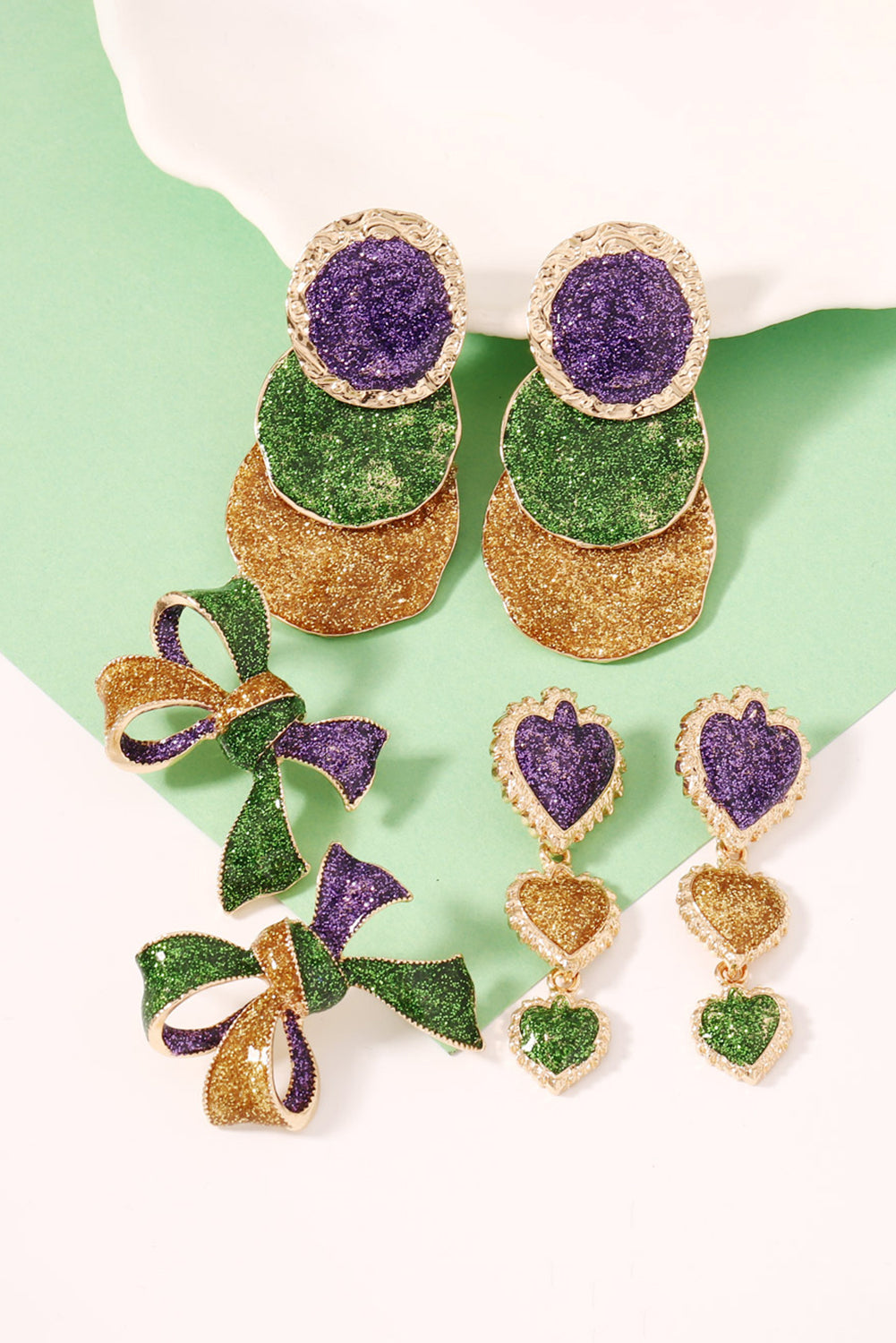 Mardi Gras Glitter Bow Earrings Purple Green Gold 3D