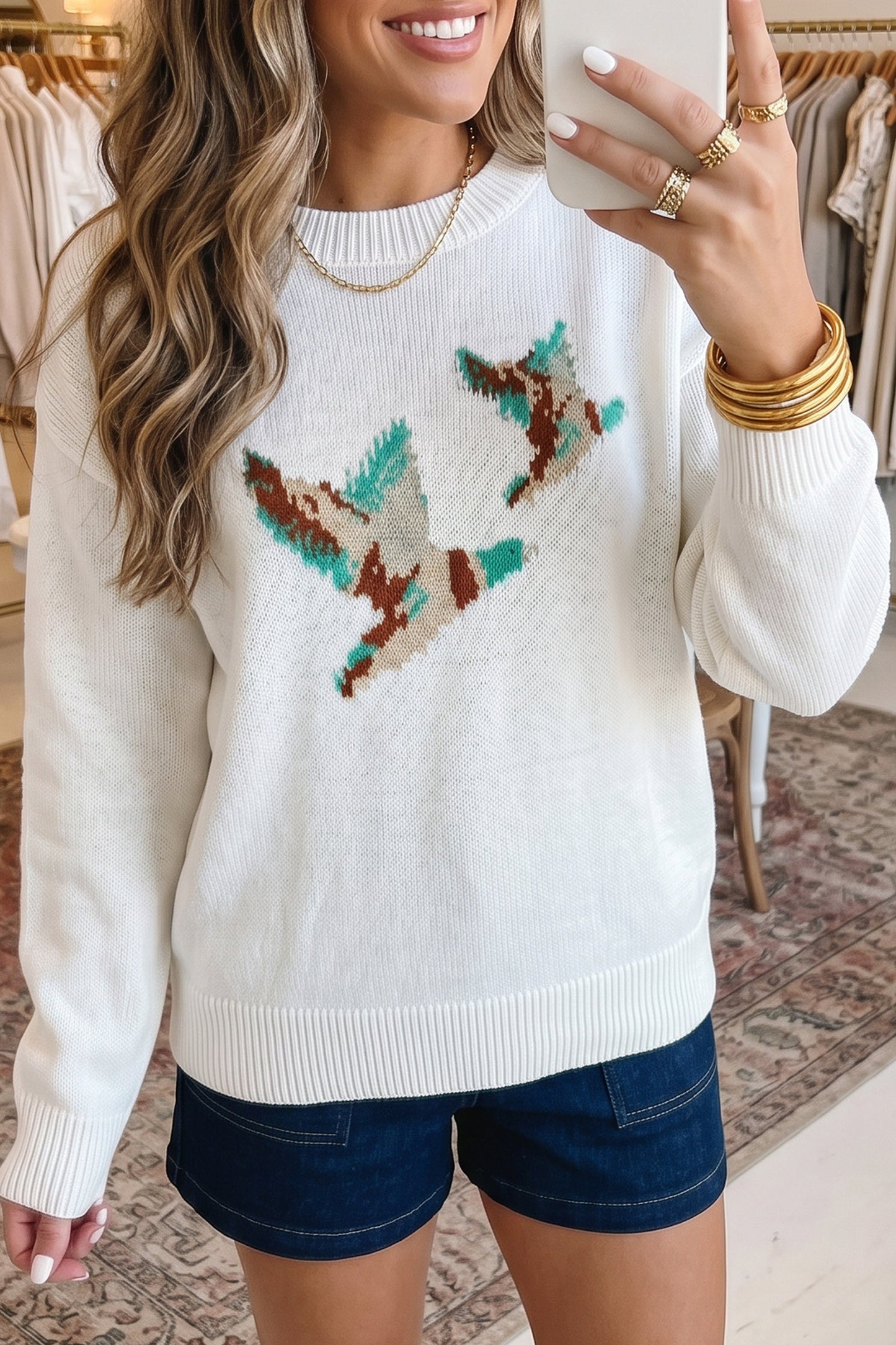 White Bird Pattern Drop Shoulder Knit Pullover Sweater