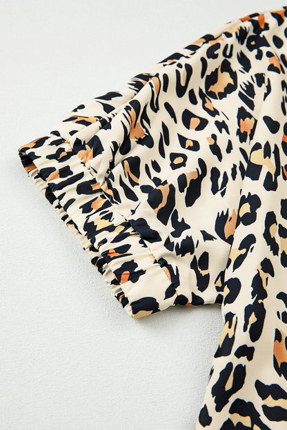 Khaki Leopard Color Block Stripe V Neck Loose Blouse
