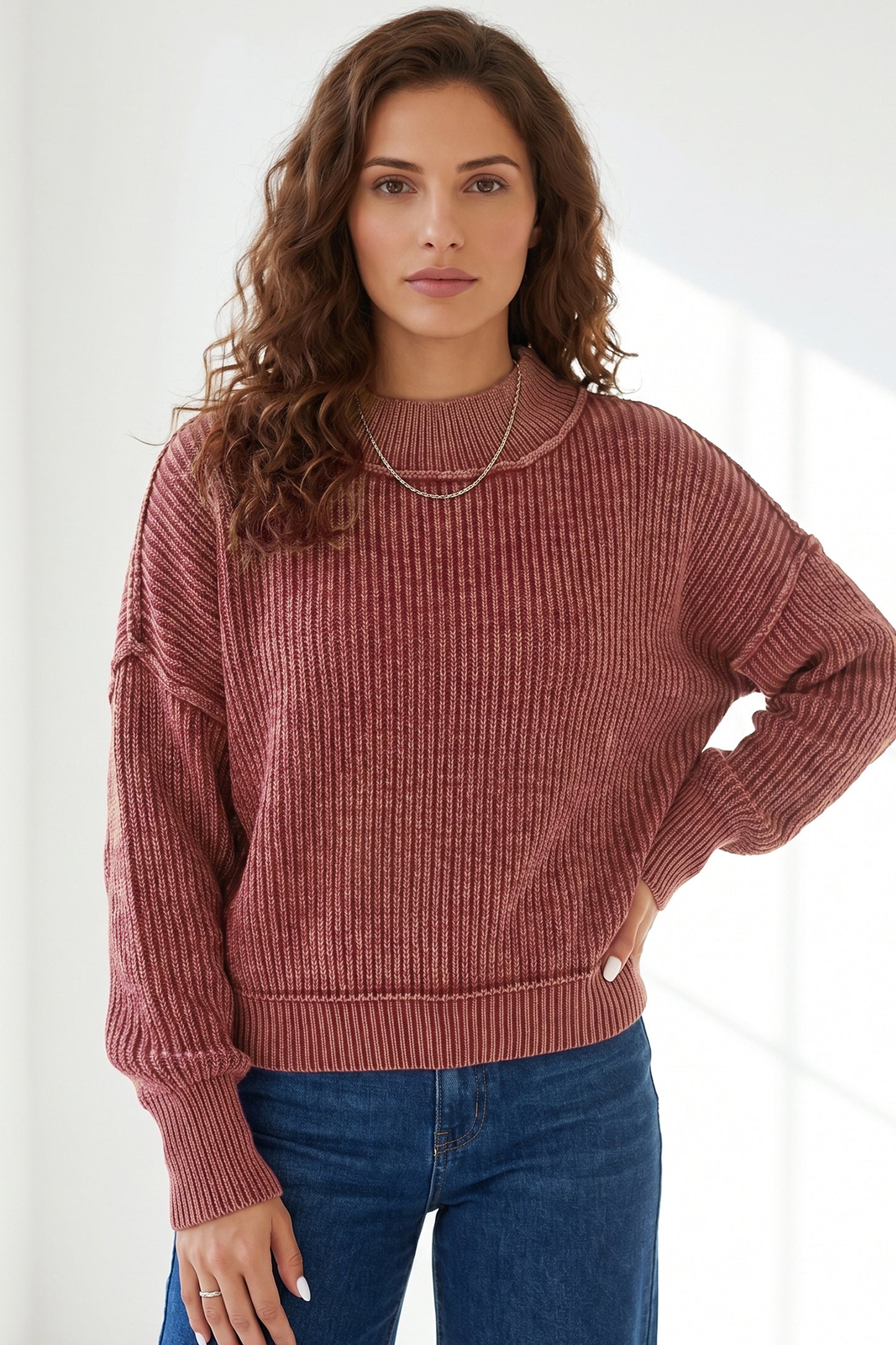 Red Ribbed Mock Neck Drop Shoulder Sweater