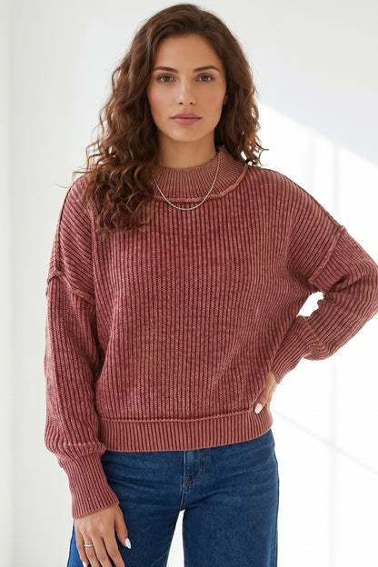 Red Ribbed Mock Neck Drop Shoulder Sweater