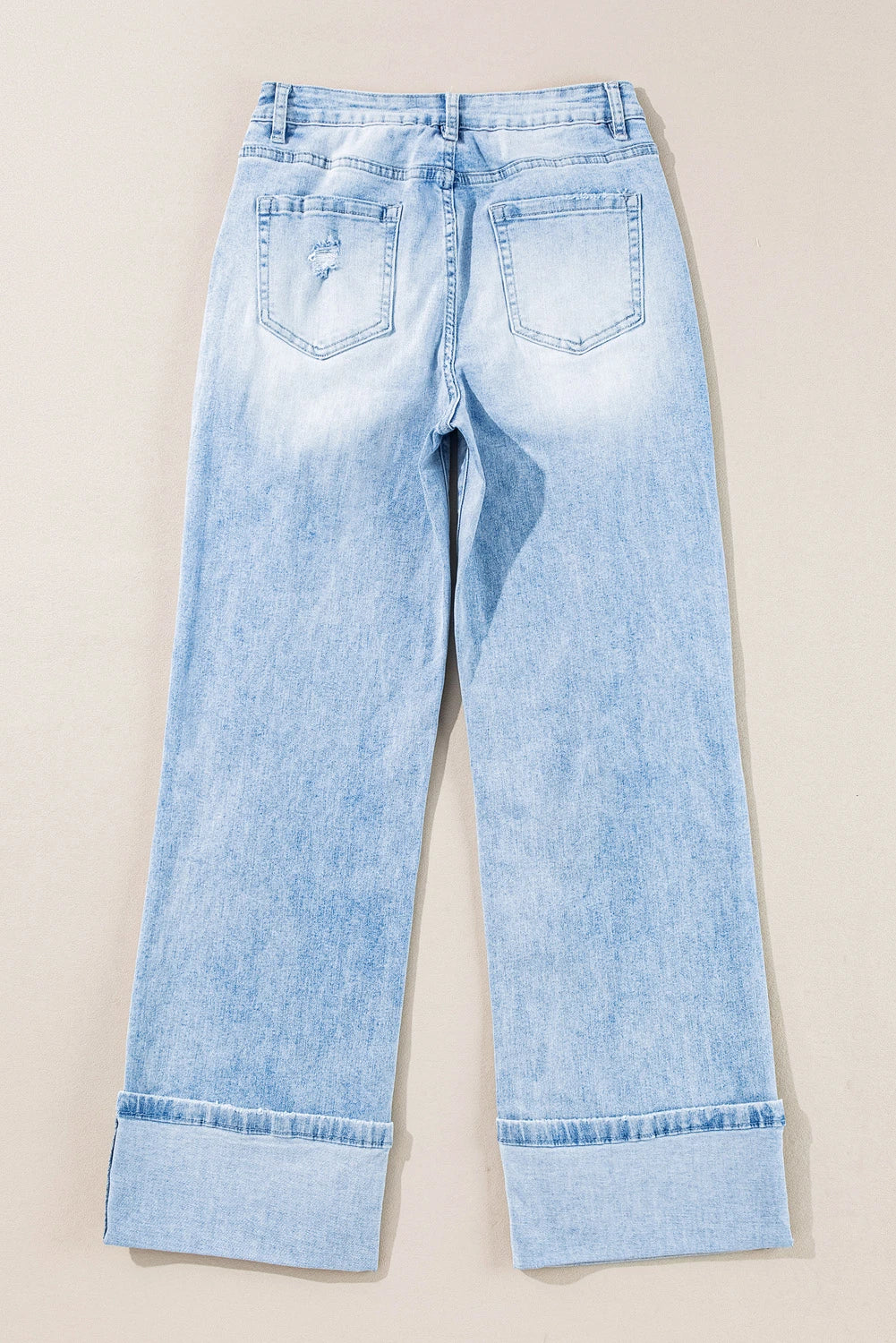 Light Wash Distressed Straight Leg Jeans Raw Hem Denim