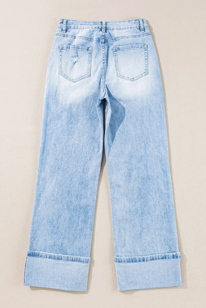 Light Wash Distressed Straight Leg Jeans Raw Hem Denim