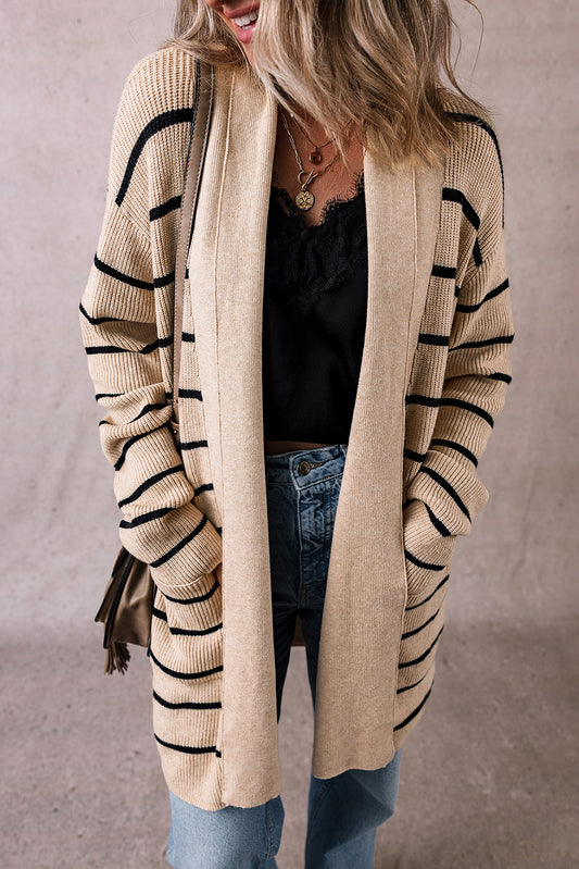 Black Stripe Open Front Shawl Cardigan with Pockets