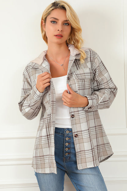 Neutral Khaki Plaid Oversized Shacket with Removable Hood