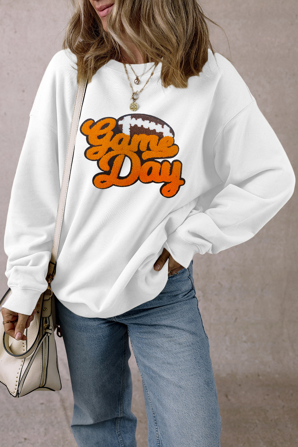 White Chenille Game Day Football Pullover Sweatshirt Women