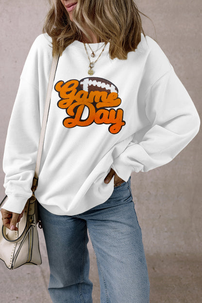 White Chenille Game Day Football Pullover Sweatshirt Women
