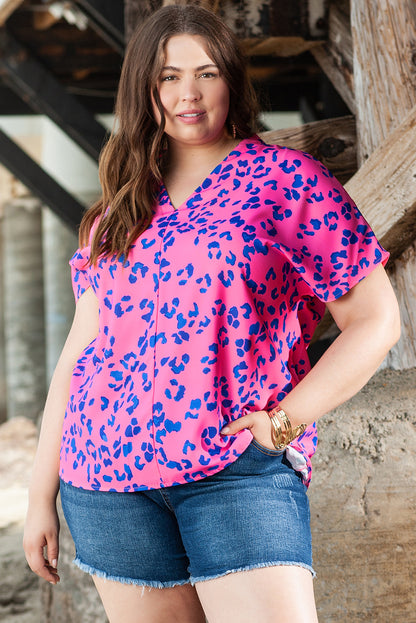 Rose Contrast Leopard Print Plus Size V Neck Blouse