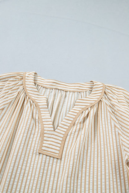 Stripe Floral Embroidered V Neck Blouse Women Long Sleeve