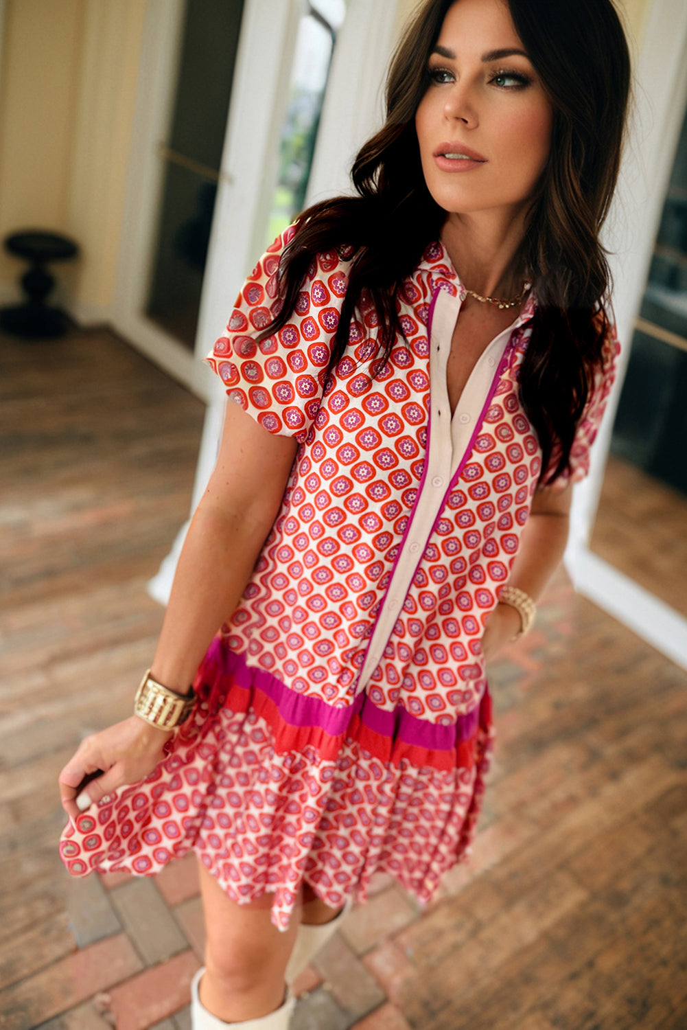 Orange Geometric Print Button Front Ruffle Hem Mini Dress