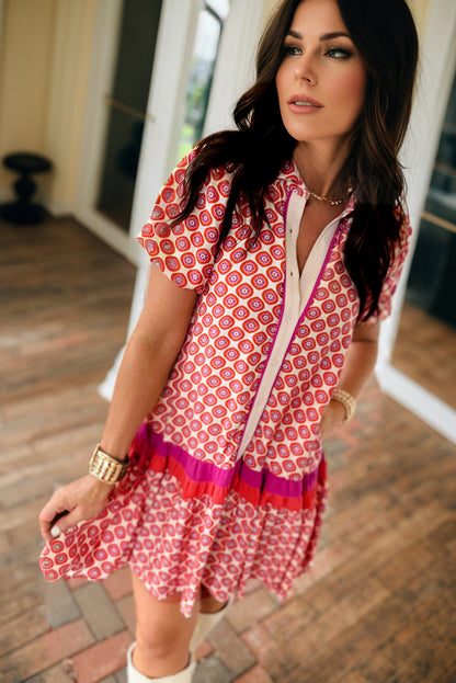 Orange Geometric Print Button Front Ruffle Hem Mini Dress