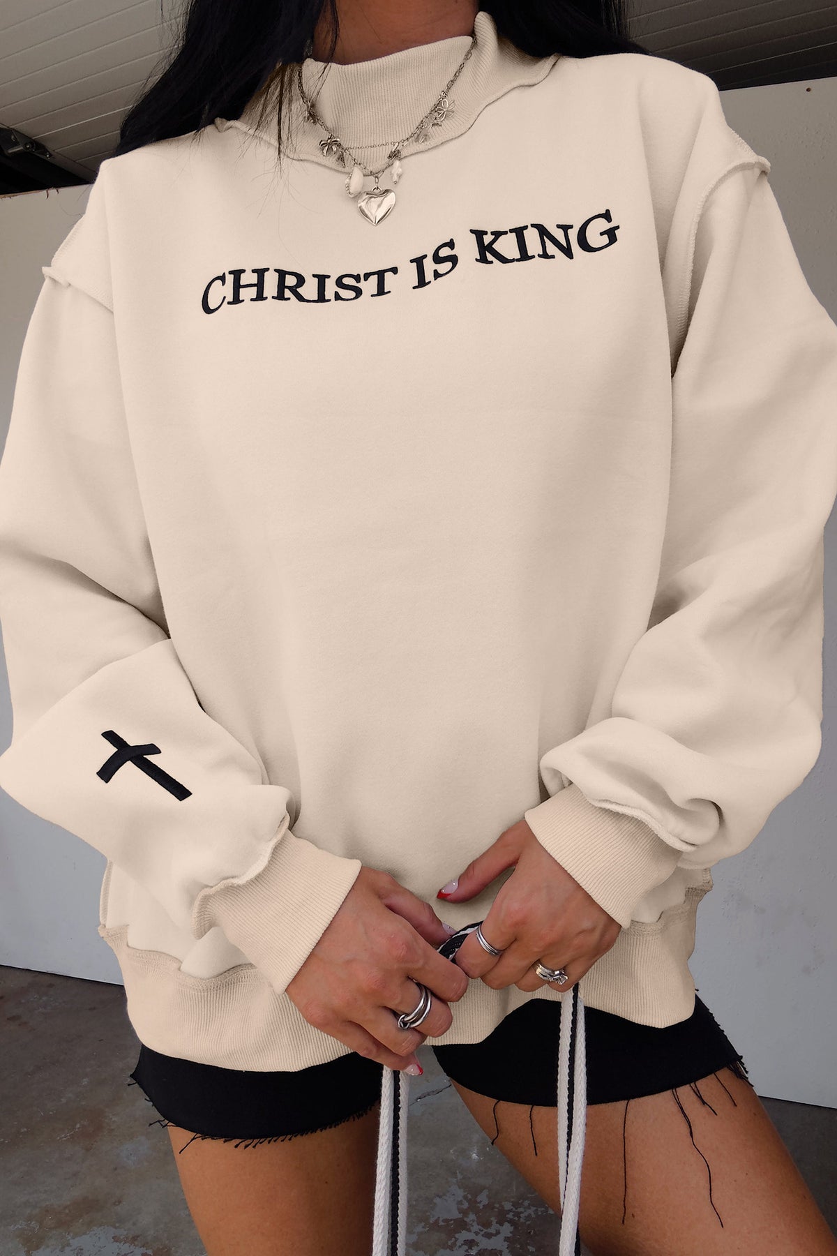 Black CHRIST IS KING Embroidery High Neck Baggy Sweatshirt