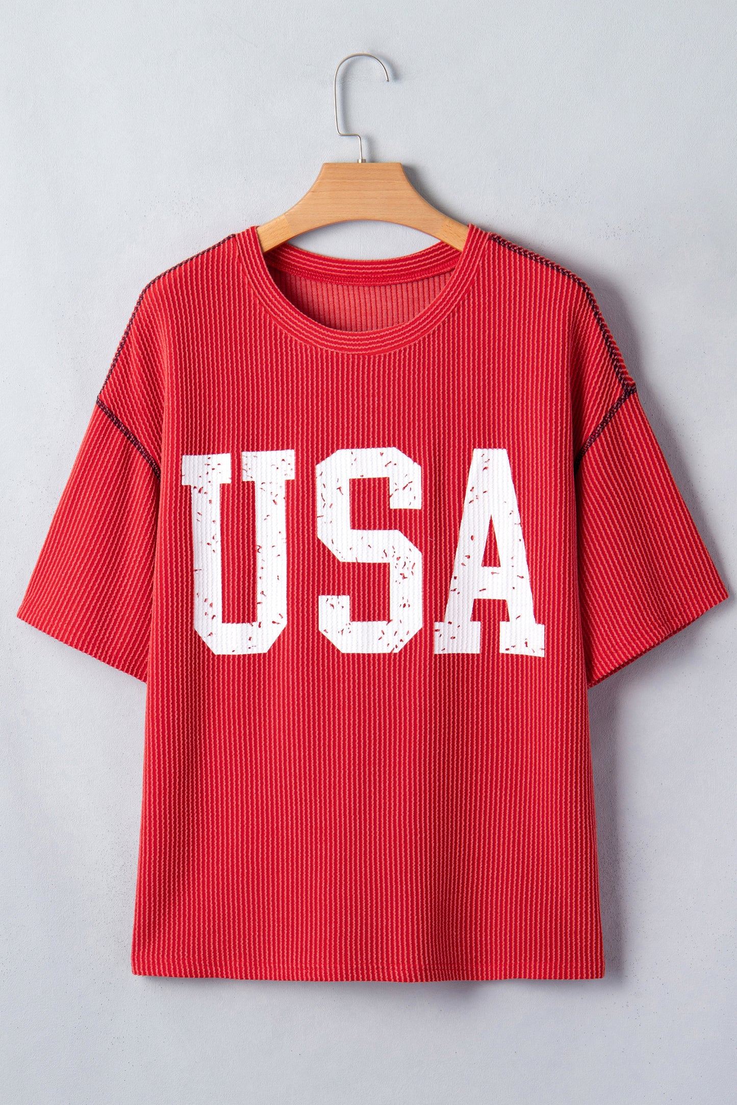 USA Ribbed Graphic Tee Loose Fit Flag Day July 4th