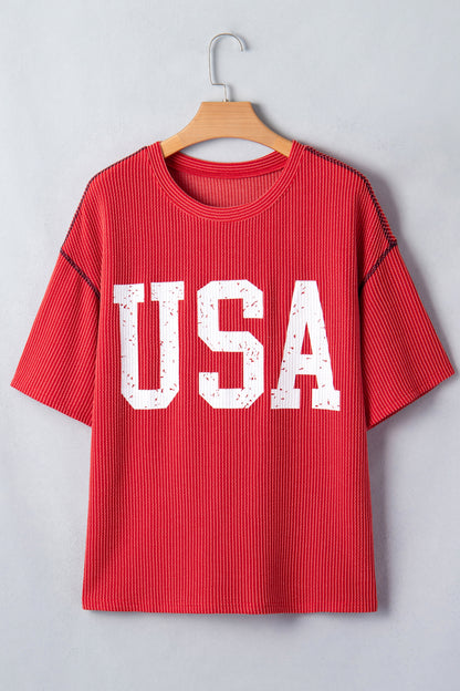 USA Ribbed Graphic Tee Loose Fit Flag Day July 4th