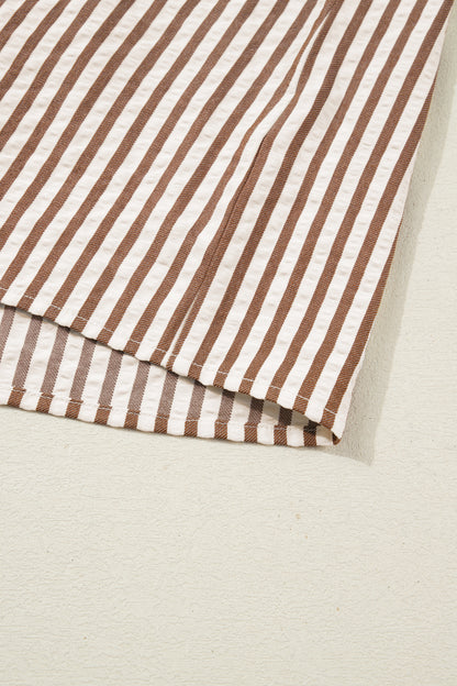 Brown Stripe V Neck Button Down Top with Leopard Trim Detail