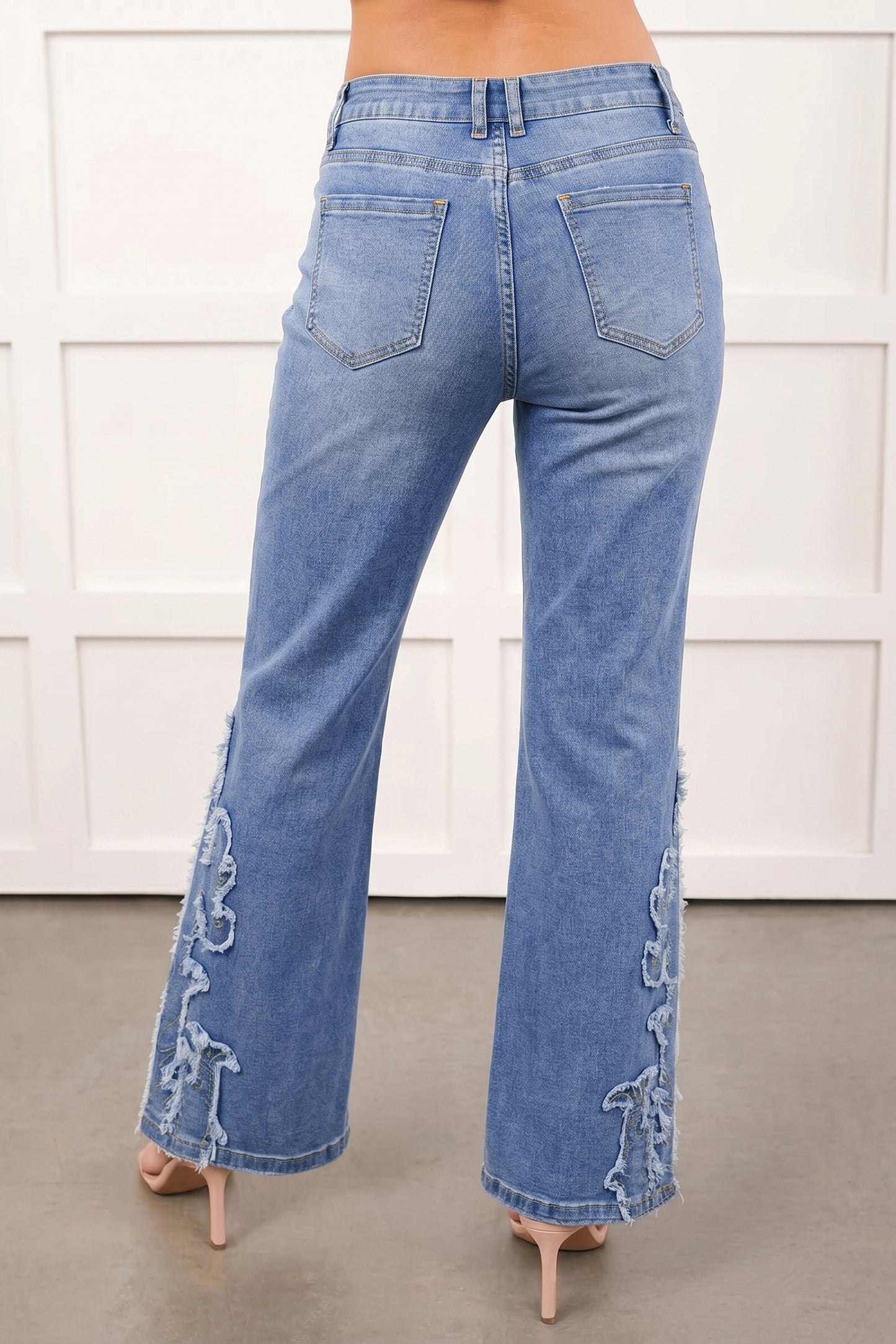 Western Embroidered Flare Jeans Frayed Hem Bootcut Denim