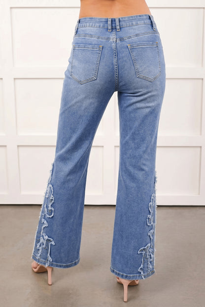Western Embroidered Flare Jeans Frayed Hem Bootcut Denim