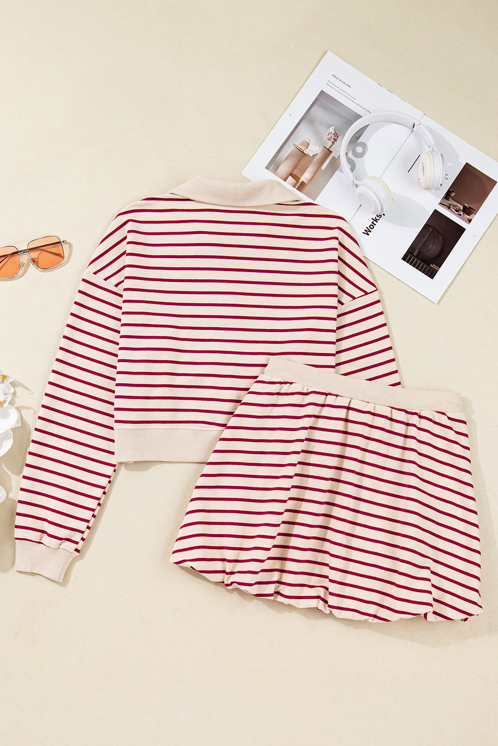 Red Stripe Collared Cropped Top & Bubble Skirt Set