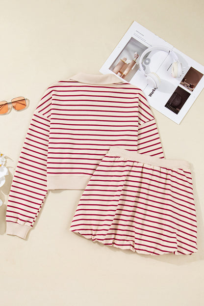 Red Stripe Collared Cropped Top & Bubble Skirt Set