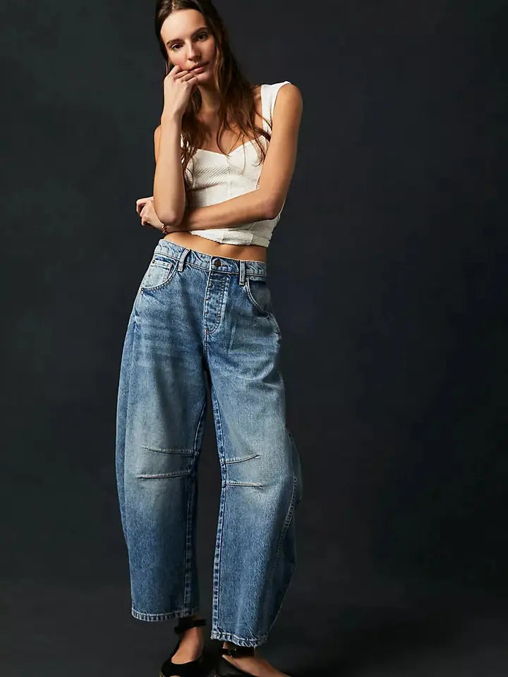 Leopard Print Washed Denim Barrel Leg Jeans High Rise