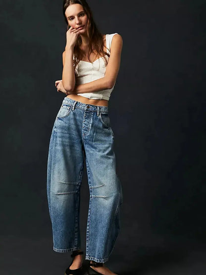 Leopard Print Washed Denim Barrel Leg Jeans High Rise
