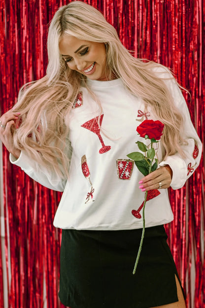 Beige Sequin Cheers Wineglasses Christmas Sweatshirt